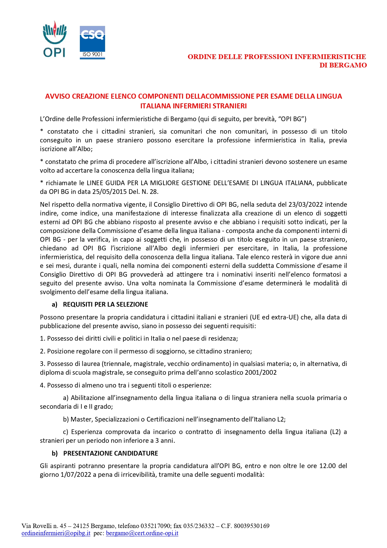 Manifestazione di interesse per la creazione di un elenco di esperti per esami di italiano per infermieri stranieri